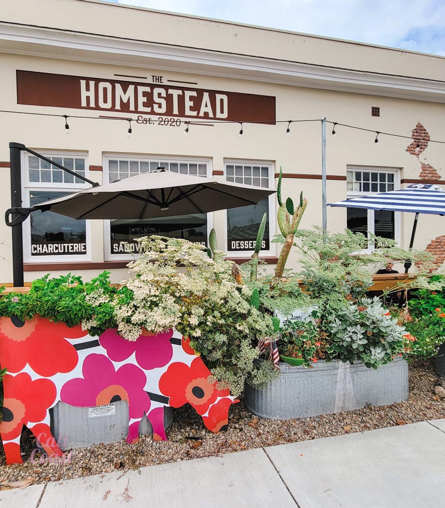 Exterior of The Homestead store with colorful planters.