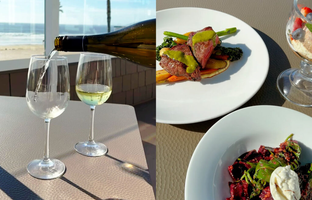 Wine, gourmet steak and dessert on beachside table.