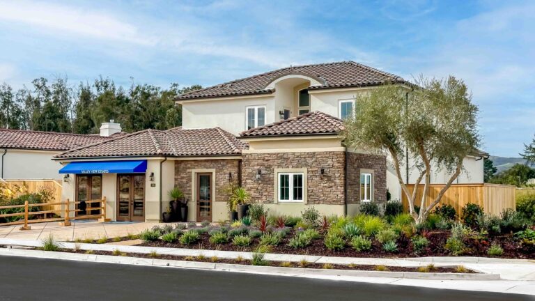 New two-story suburban house with landscaped garden.